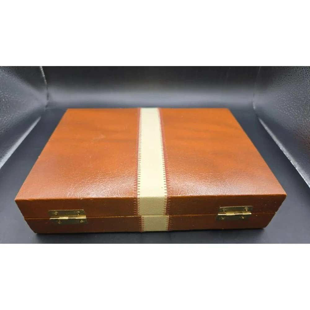 Vintage Folding Backgammon Set - Brown Faux Leather Case with Red & Cream Felt-B